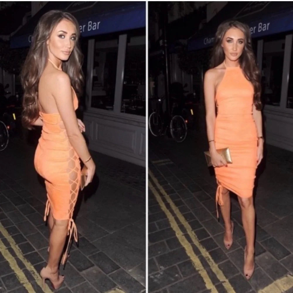 HOUSE OF CB Zabana Neon Orange Sexy Cut Out Lace Up Suedette Dress Large GUC